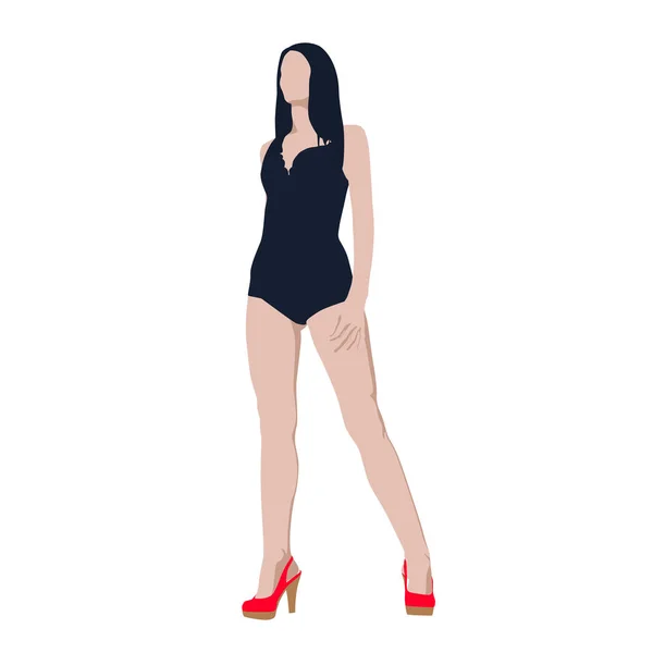 Tall sexy brunette woman in dark lingerie standing. Red high hee — Stock Vector
