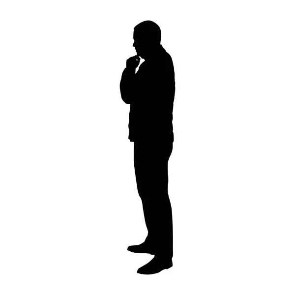 Standing man in jacket thinking, vector silhouette, profile, sid — Stock Vector