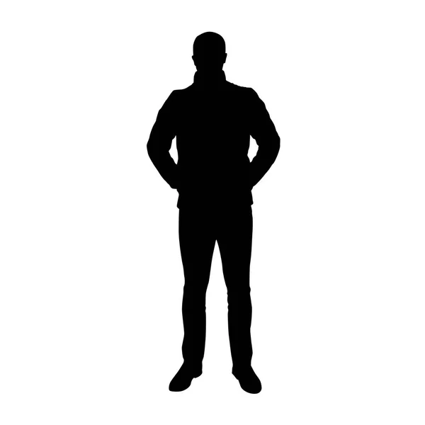 Standing man in jacket, hands in pockets, vector silhouette. — Stock Vector