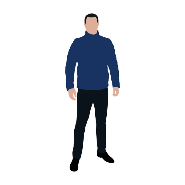 Hombre de pie en chaqueta de plumas azul, ilustración de vector plano — Vector de stock