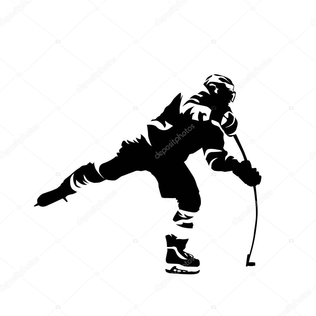 Ice hockey player shooting puck, abstract black vector silhouette