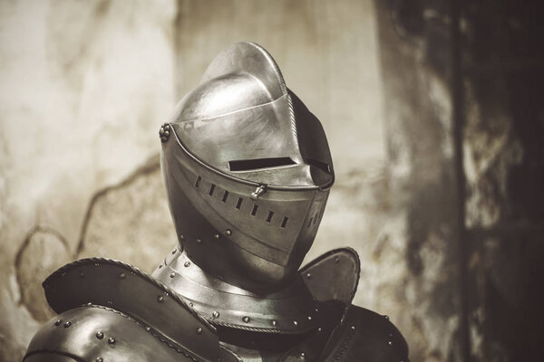 Knight in shining armor. Detail metal helmets. Medieval warrior