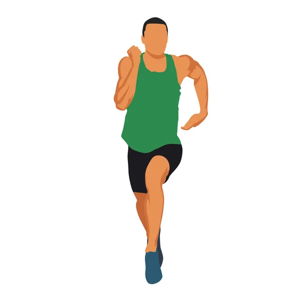 Hombre corriendo en camiseta verde, atleta musculoso vista frontal. Abstra — Vector de stock