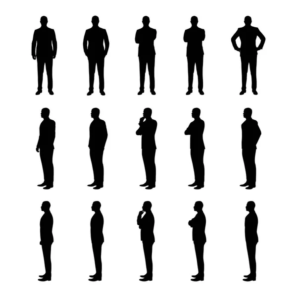 Zakenman set vector silhouetten. Man in pak in verschillende po — Stockvector