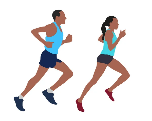 Hombre y mujer corriendo, pareja activa, conjunto de ilustraciones vectoriales — Vector de stock