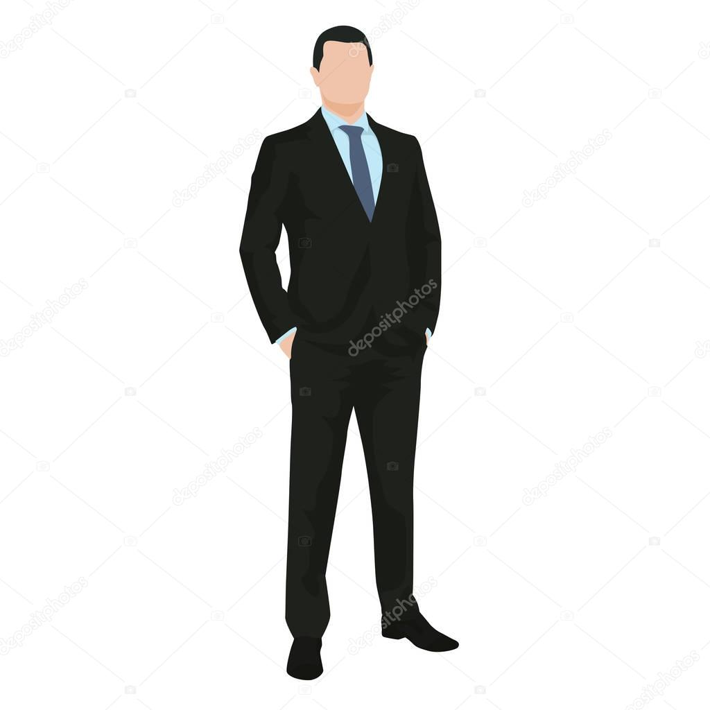 Business man standing in dark suit with hand in his pocket, isol