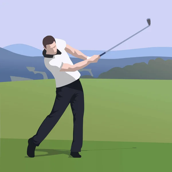 Παίχτης του γκολφ φορώντας λευκό πουκάμισο και σκούρο παντελόνι μπάλα χτυπά στο γκολφ c — Διανυσματικό Αρχείο