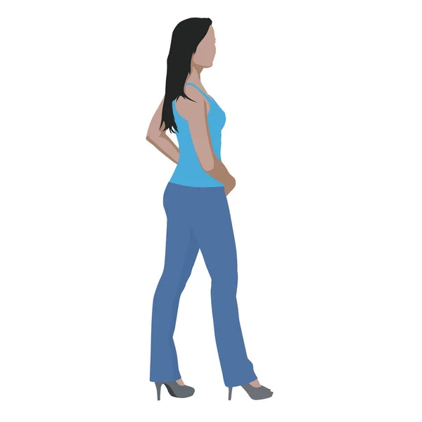 Sexy chica de pie en camisa azul y jeans, vector abstracto illu — Vector de stock