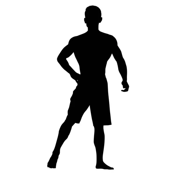 Bodybuilder permanent in korte broek. Hand op zijn heup. — Stockvector