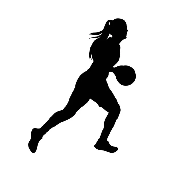 Basketball player, running woman with ball, vector silhouette — Stock Vector