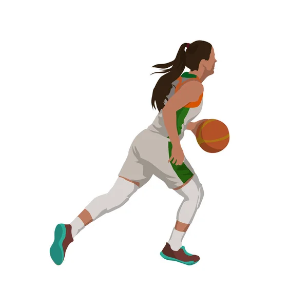 Mujer corriendo con pelota, jugador de baloncesto illus vector aislado — Vector de stock