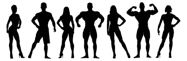 Conjunto de culturistas siluetas vectoriales. Posando hombres musculosos y — Vector de stock