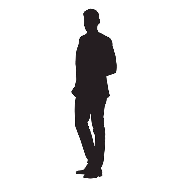 Young man standing in jacket, vector isolated silhouette — Stock Vector