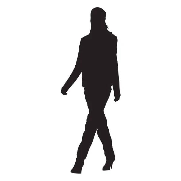 Mujer delgada joven caminando, silueta vectorial — Vector de stock