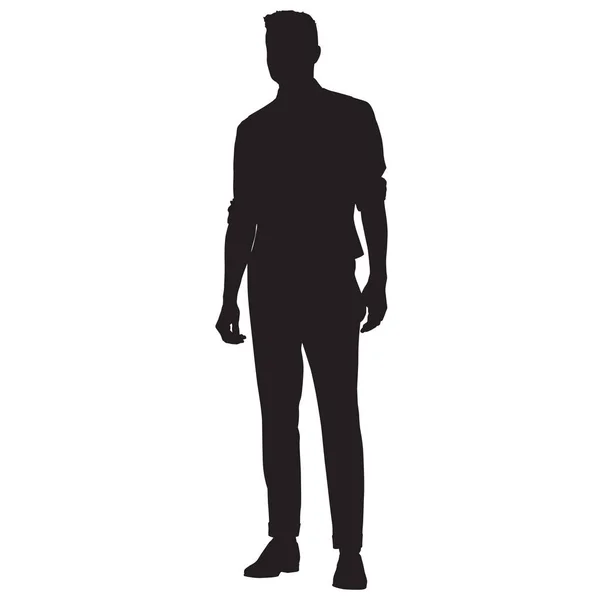 Молодой человек в рубашке, жилете и брюках стоя, векторный силуэт — стоковый вектор