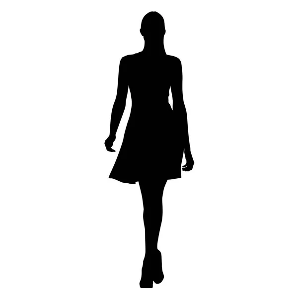 Marcher jeune femme en robe d'été, silhouette vectorielle isolée — Image vectorielle