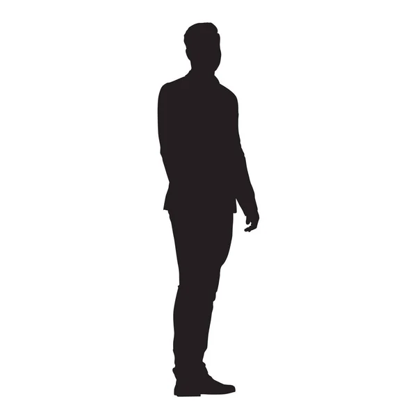 Young man standing in jacket, vector isolated silhouette — Stock Vector