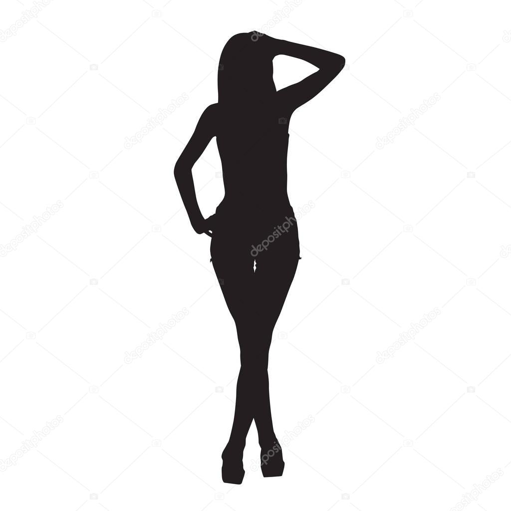 Sexy slim woman in shirt and shorts, vector silhouette, hand in 