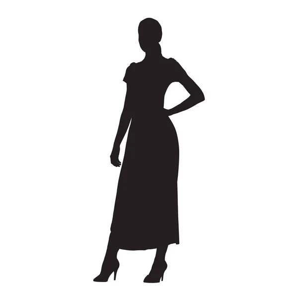 Stehende Frau in langen Sommerkleidern, Vektorsilhouette — Stockvektor