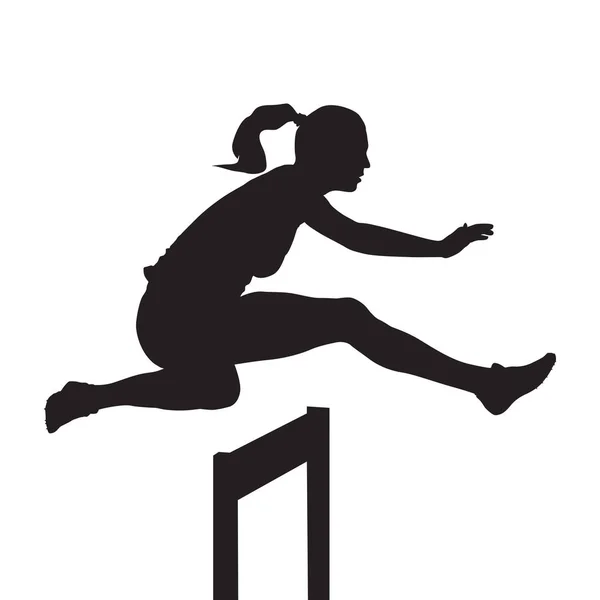 Mujer saltando y corriendo sobre obstáculos, carrera de obstáculos, vector silh — Vector de stock