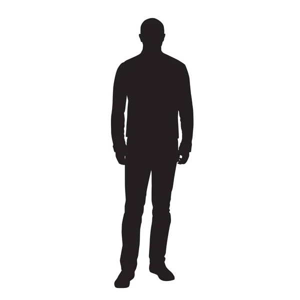 Homem em pé e esperando, vista frontal, silhueta vetorial — Vetor de Stock