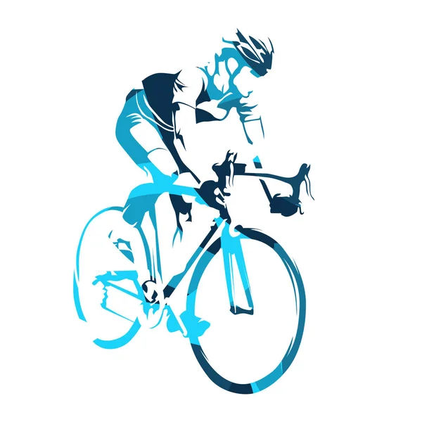 Ποδηλάτης δρόμο με το ποδήλατό του, Ποδηλατικός Γύρος. Αφηρημένο μπλε διάνυσμα — Διανυσματικό Αρχείο