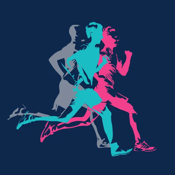 Marathon lopen, abstract kleurrijk silhouetten van volwassen lopers — Stockvector