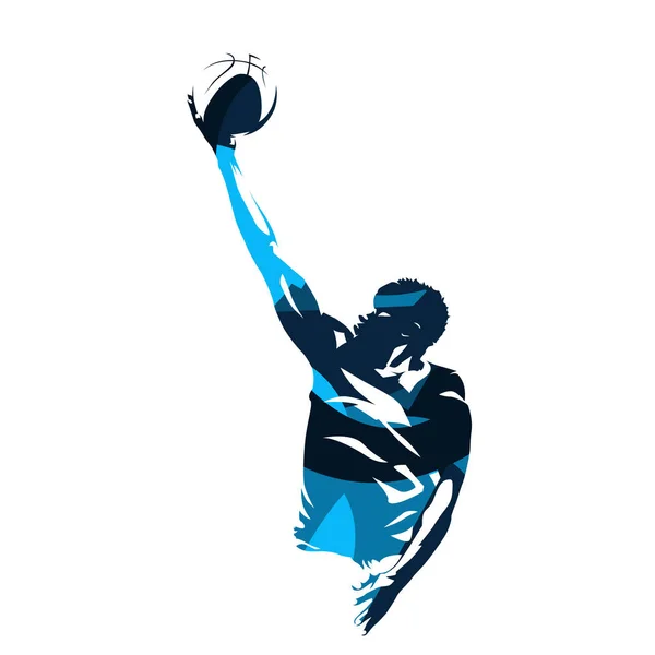 Jogador de basquete fazendo lay up tiro, silho vetor azul abstrato —  Vetores de Stock