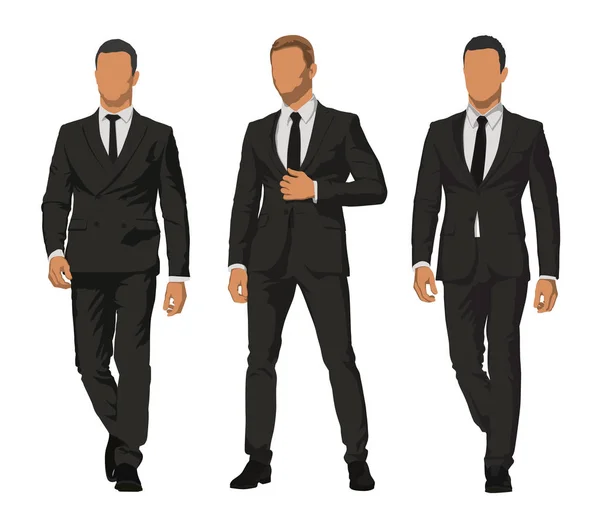 Gente de negocios, conjunto de tres personajes en trajes oscuros. Frente vi — Vector de stock