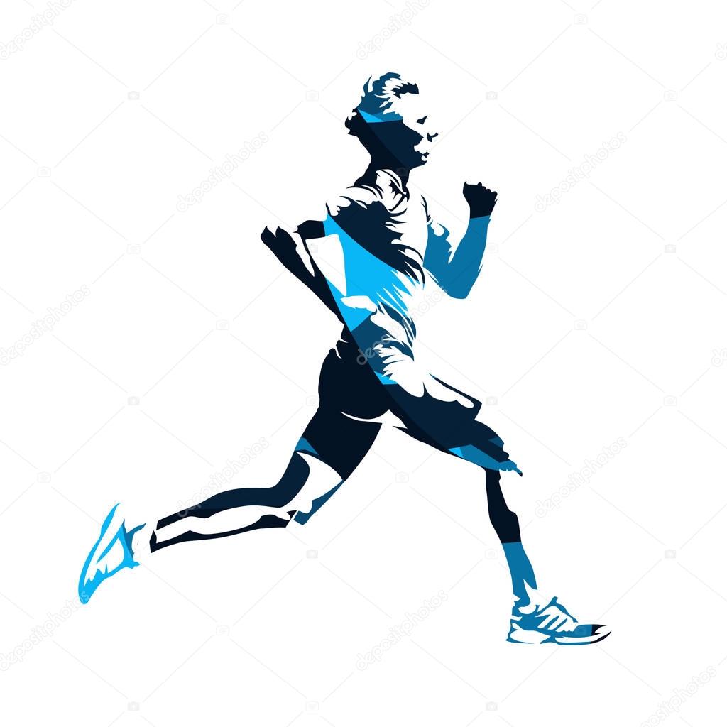 Running man profile, blue abstract vector silhouette