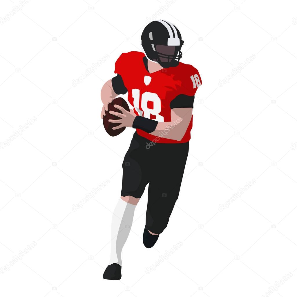 Running american football player in red jersey with ball, front 