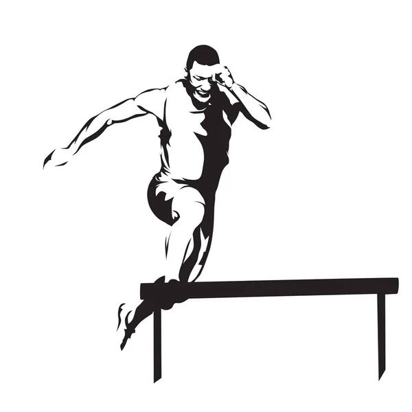Hurdles race, running and jumping man abstract vector silhouette — Stock Vector