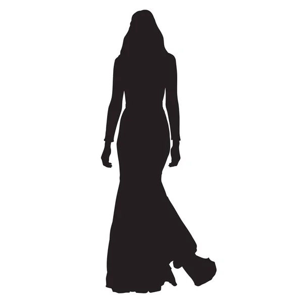 Uzun elbise, ince seksi Bayan vektör siluet yürüyen kadın — Stok Vektör