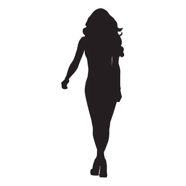 Sexy mujer delgada con el pelo largo caminando hacia adelante, vector de silueta — Archivo Imágenes Vectoriales