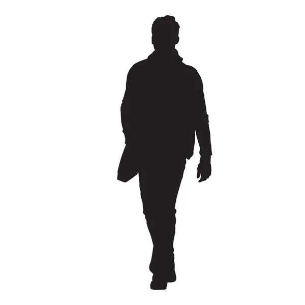 Man walking with bag over his shoulder, vector silhouette, front — Stock Vector