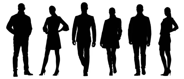 ビジネスマンのベクトル シルエット、男性と女性のグループのセット — ストックベクタ