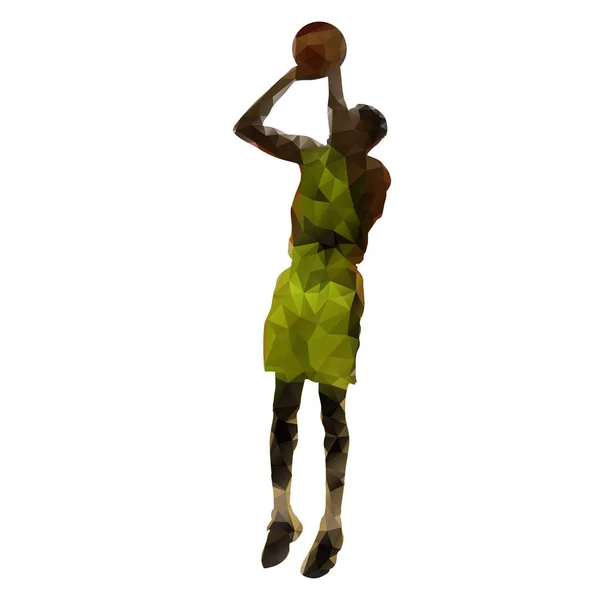 Jugador de baloncesto con balón, tiro de salto. Vector poligonal illustr — Vector de stock