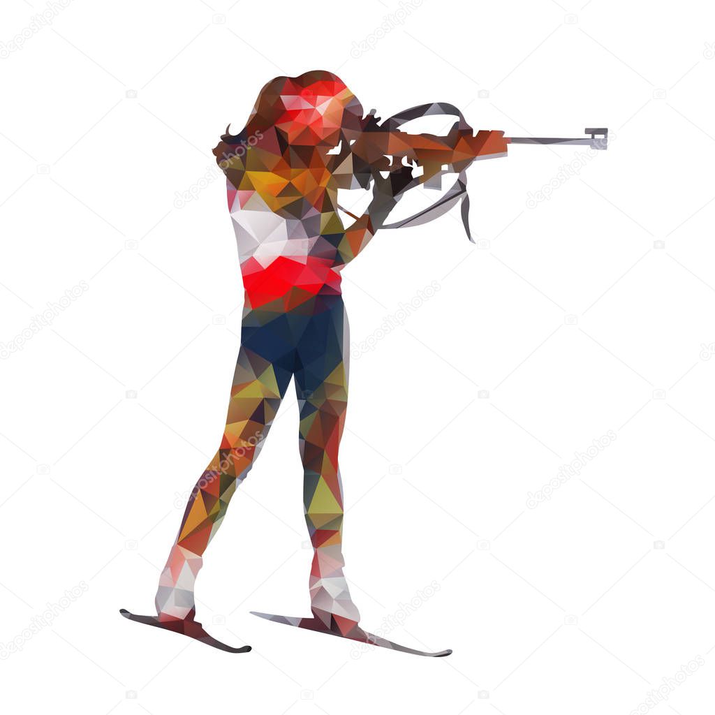 Biathlete woman stands on the range and pointing a gun at a targ