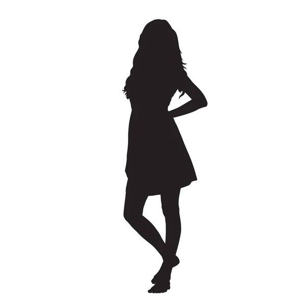 Young woman in summer dress standing barefoot, vector silhouette — Stock Vector