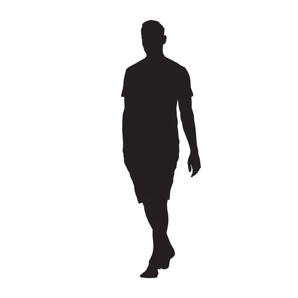 Jonge man in het shirt en broek lopen op blote voeten, vector silhouett — Stockvector