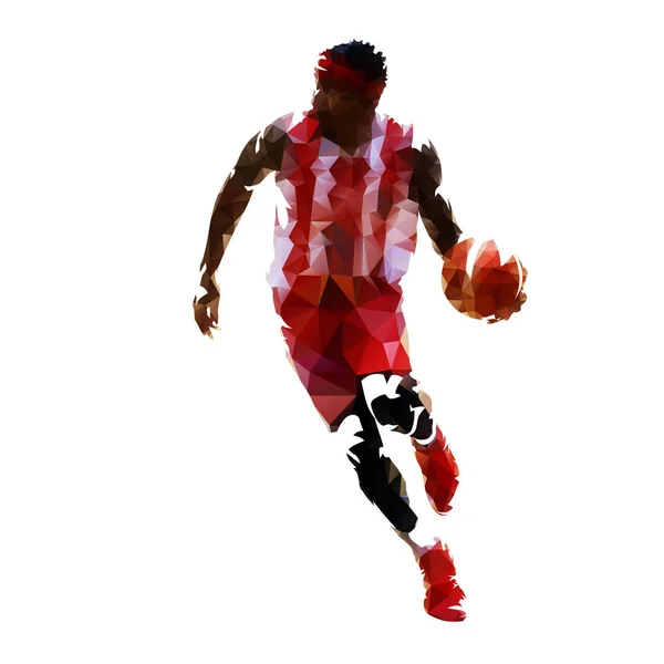 Jugador de baloncesto en jersey rojo con balón, il geométrico abstracto — Vector de stock