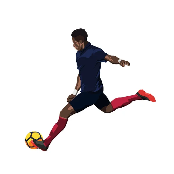 Soccer player in dark blue jersey running and kicking ball. Vect — Stock Vector