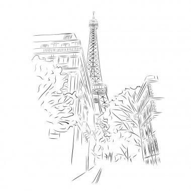 Eyfel Kulesi manzarası sokaklarından Paris, Fransa. Siyah ve w