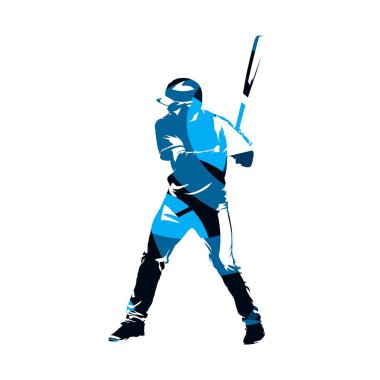 Beyzbol meyilli ayakta soyut mavi ve onun elinde sopası ile