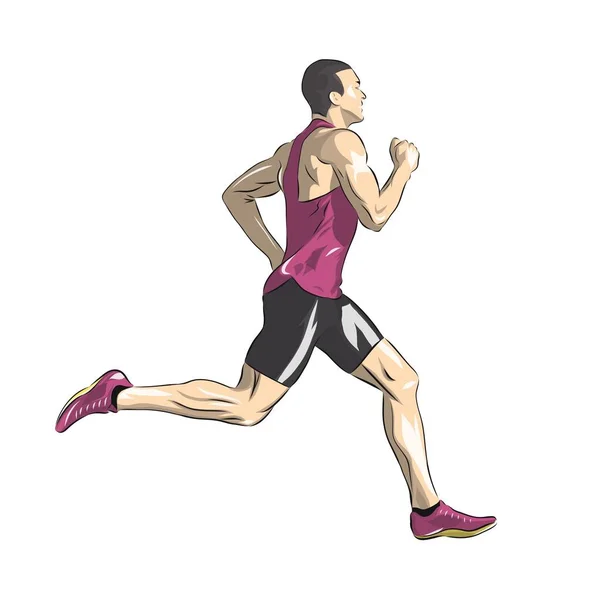 Running man in purple jersey, vector drawing. Sprinting athlete — Stock Vector