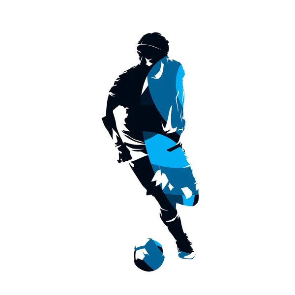 Joueur de football qui court avec ballon, silhouette vectorielle bleue abstraite — Image vectorielle