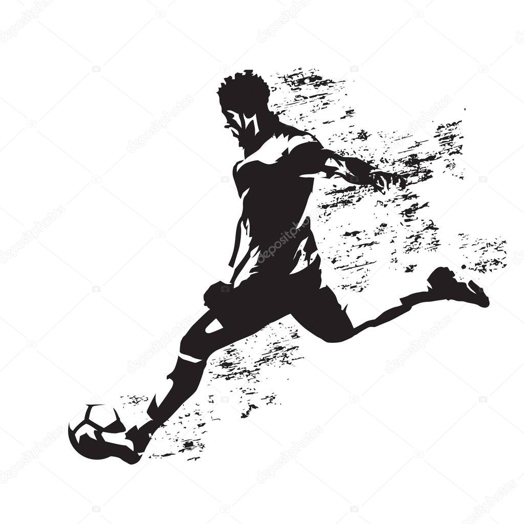 Soccer player kicking ball, abstract grungy vector silhouette