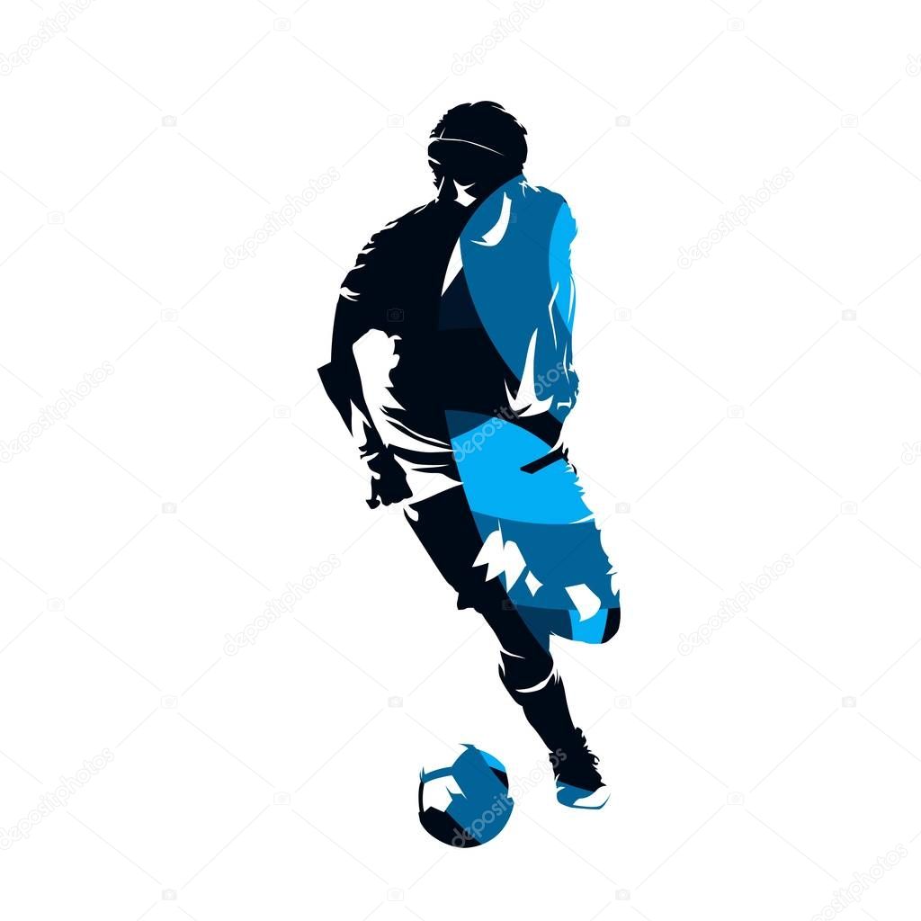 Soccer player running with ball, abstract blue vector silhouette