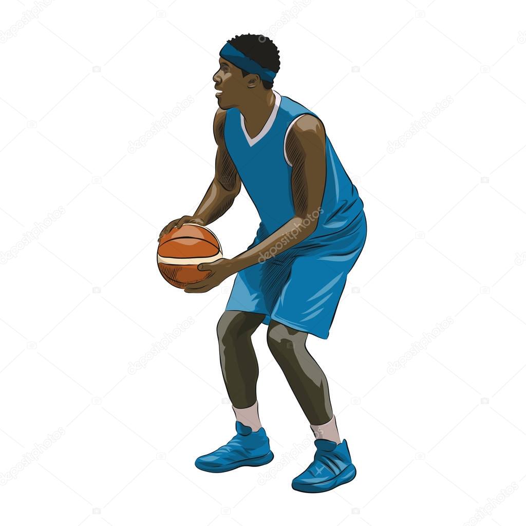 Basketball player holding ball and preparing for free thows, col