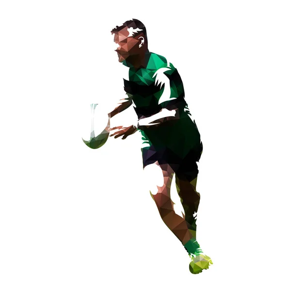 Jugador de rugby poligonal corriendo con bola, vector geométrico silho — Archivo Imágenes Vectoriales